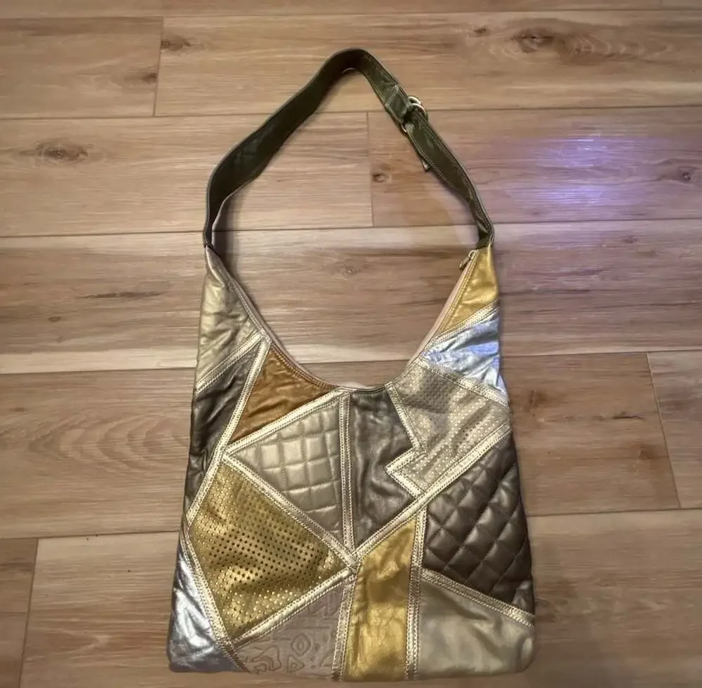 Bags by Pinky Metallic Leather Patchwork Hobo Shoulder Bag